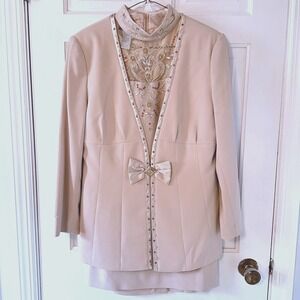 VTG Champagne Italy Mother of the Bride Dress Suit Set Beaded Gold Bow Sz 10